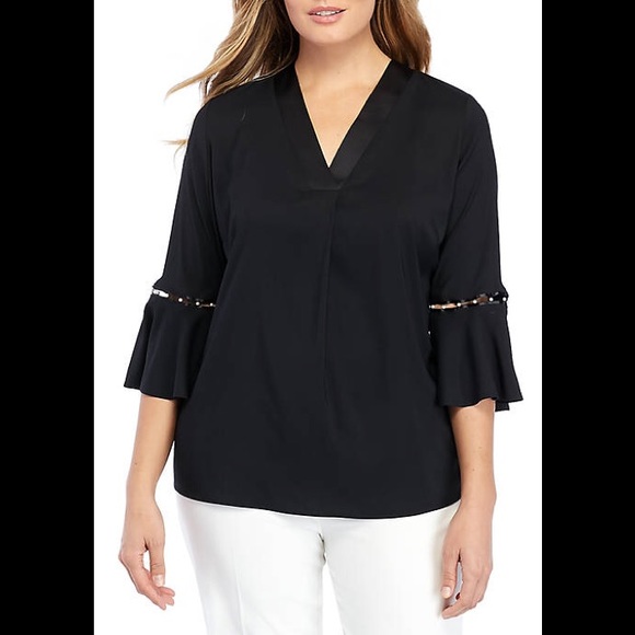 NWOT Black Silky V-neck Shirt with Pearls - Picture 1 of 4